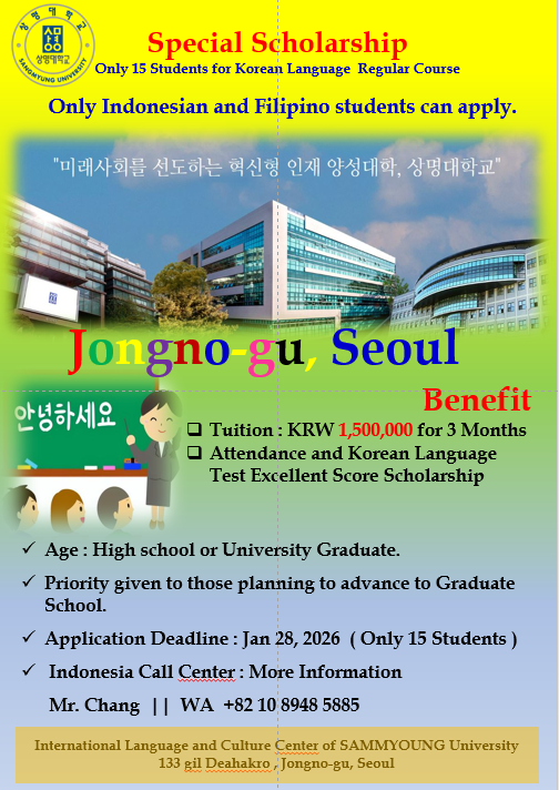 Beasiswa Program Bahasa Korea – Universitas Sammyung, Seoul (Maret 2026)